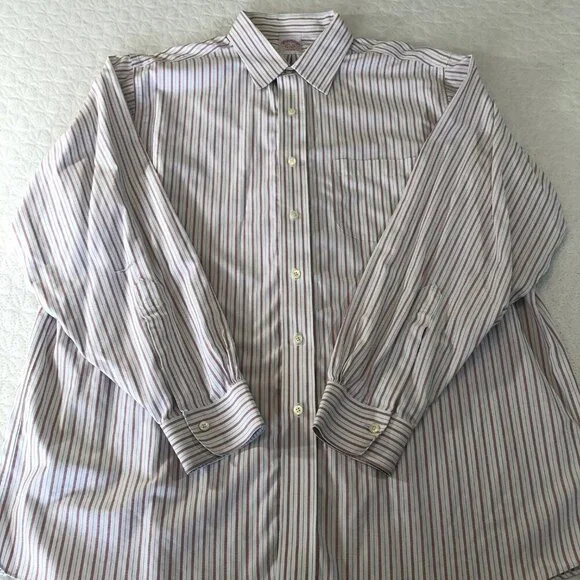 Brooks Brothers 1818 Mens Size 16 1/2 34 Shirt 100% Cotton Orange Blue Stripe - Picture 2 of 9